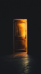 Aufkleber - A beautifully crafted wooden door stands ajar, radiating warm golden light that spills into a shadowy space. This enchanting glow signals an inviting opportunity for adventure and discovery