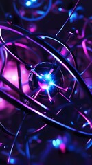 Poster - A close up of a purple and blue sphere with a light shining on it. The sphere is surrounded by a series of metal rings. The image has a futuristic and abstract feel to it. AI generated.