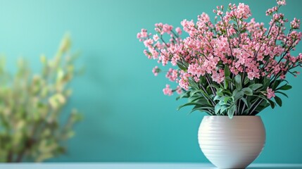 Poster - Vibrant pink flowers bloom beautifully in a sleek white vase, enhanced by a calming turquoise background that radiates springtime freshness. The arrangement adds charm to the space