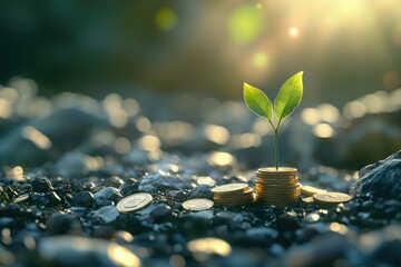 Green Sprout Growing From Stacks Of Gold Coins