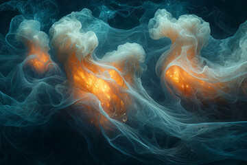 Wall Mural - mystical blue swirls and fiery orange cores float in a dark cosmic sea, evoking a sense of deep tranquility