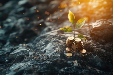 Young Plant Sprouting From Stacks Of Gold Coins