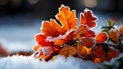 Frosty autumn leaves on snow, winter nature scene, bokeh background, seasonal card