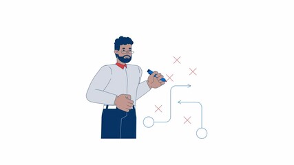 Poster - African american businessman designing strategy with flowchart 2D character animation. Planning cartoon 4K video, alpha channel. Decision-making business black man animated person on white background