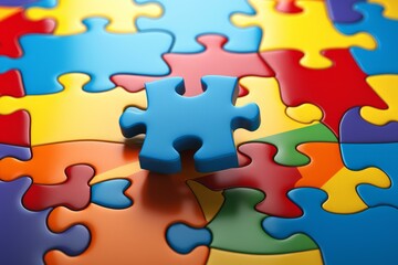 Aufkleber - Last blue puzzle piece completing a multicolored jigsaw puzzle, representing teamwork, problem solving, and finding solutions