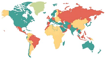  A world map with various countries colored in different shade on white background