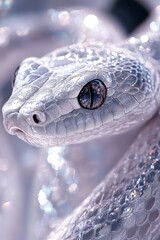 Striking close-up of a rare white snake with sparkling scales capturing the essence of its unique beauty and elegance in a natural habitat