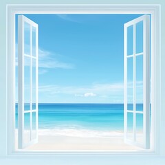 Wall Mural - a bright and airy image of an open window showcasing a stunning seaside view. the tranquil blue ocea