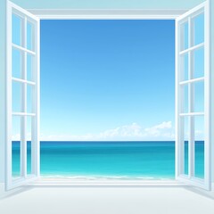 Wall Mural - serene ocean view through open white window