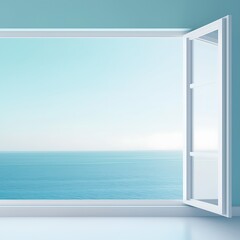 Wall Mural - a bright and airy image of an open window showcasing a stunning seaside view. the tranquil blue ocea