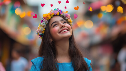 Wall Mural - A beautiful Indian girl in a blue dress, smiling and wearing a flower crown with colorful hearts flying around her head.