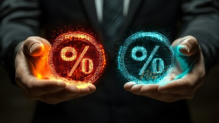 Poster - In a sleek office setting, a businessman holds vibrant holographic percentage icons, symbolizing data insights and analytical decision-making