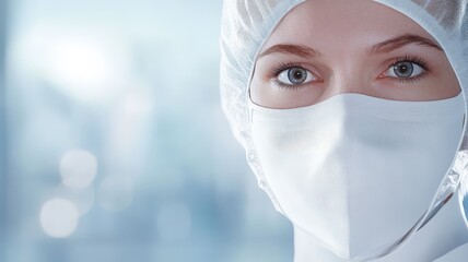 Medical professional wearing a protective mask and cap in a sterile medical environment, focused on patient care.