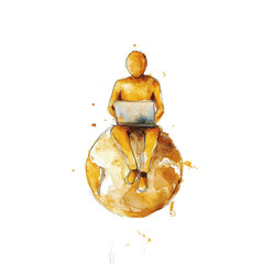 Poster - Golden Figure Working on Laptop Atop Earth Globe