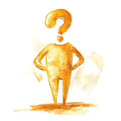 Poster - An abstract watercolor painting depicts a person whose head is replaced by a question mark symbolizing uncertainty or inquiry.
