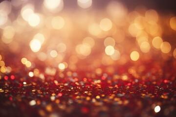 Poster - Red glitter background with warm golden bokeh lights creating a festive, celebratory atmosphere