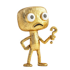 Aufkleber - A gold-textured cartoon character holds a question mark, appearing pensive and uncertain.
