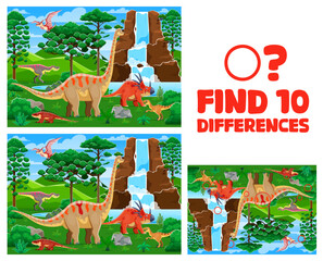 Aufkleber - Find ten differences on prehistoric landscape with dinosaurs. Difference search kids game or riddle, matching puzzle. Find ten differences quiz vector worksheet with cute dinosaurs on landscape