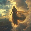 © Thirasit - Figure In Glowing Cloth Rising Above City Into Cloudy Heavens