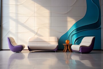 Poster - Contemporary living room with comfortable sofa, armchairs, and a unique wavy wall feature, creating a luxurious and modern space