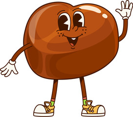 Wall Mural - Groovy chocolate candy sweet character expressing joy and energy. Isolated vector confection pastry retro personage with friendly smile, waves cheerfully while wearing sneakers with fun and happiness