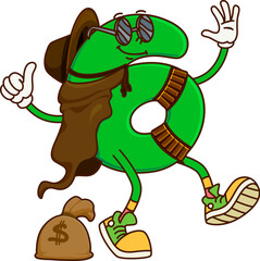Poster - Cartoon groovy math number 6 as Western bandit character, vector mathematics symbol. Groovy number Six 6 cowboy or wanted vagabond ranger character with money bag or gun bullets bandoleer in Wild West