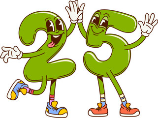 Poster - Groovy twenty five math number characters. Mathematics numeric symbol vintage cartoon cute mascot or birthday celebration digit retro vector personage. School math number groovy funny character