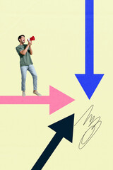 Aufkleber - Creative design composite artwork collage of hiring recruitment workspace entrepreneur arrow different way young guy hold loudspeaker
