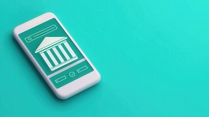 Poster - A smartphone displaying a digital banking interface with a bank icon, set against a teal background.