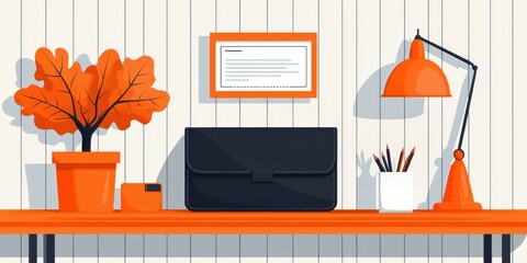 Poster - A vibrant workspace featuring an orange theme, a lamp, a plant, and stylish stationery, promoting creativity and productivity.