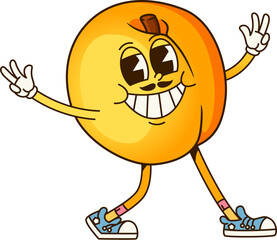 Poster - cartoon retro groovy apricot fruit character with funny face, vector emoji. groovy apricot with happ