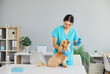 © Studio Romantic - Young smiling nurse or veterinarian woman wearing blue uniform holding syringe standing with a cute little sick dog in modern vet clinic. Animal exam, vaccination and veterinary aid concept.