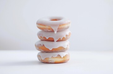 Wall Mural - Stack of doughnuts with a white glaze, against a white background