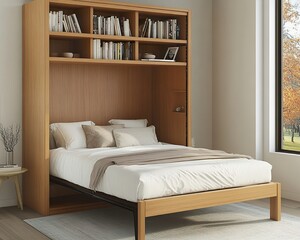 Wall Mural - Modern Murphy bed integrated with a minimalist bookcase, providing a seamless solution for dual-purpose rooms.