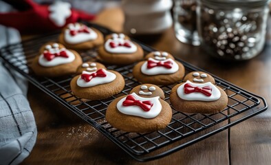 Wall Mural - Gingerbread cookies on a wire rack, gingerbread cookies with white icing and red bow tie