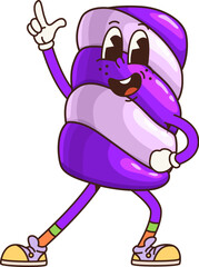 Poster - Groovy marshmallow sweet character stands out with expressive face and lively pose pointing upward with confidence. Cartoon vector purple and white striped pastry retro personage with hippie vibe