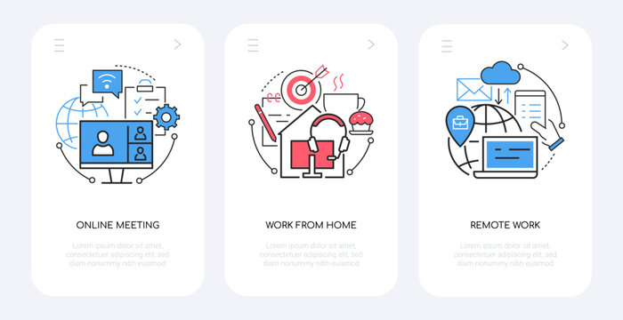 Online meeting and remote work - line design style banners set