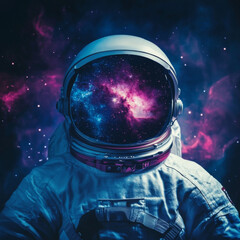 Wall Mural - astronaut in space suit with colorful nebula and galaxy reflecting on helmet visor. front view astro