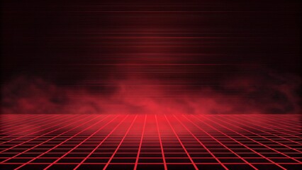 Poster - Abstract black red gaming background with modern luxury grid pattern retro vapor synthwave smoke fog, futuristic neon lights digital design cyber aesthetic technology wallpaper