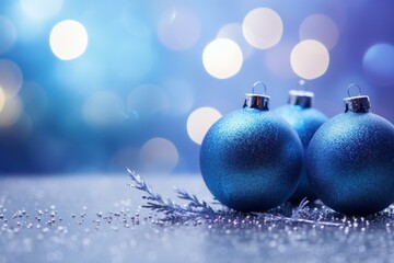 Poster - Shiny blue christmas balls decorations with silver glitter and bokeh lights creating festive atmosphere