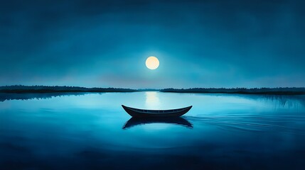 Poster - A calm river with a boat gently floating under the full moon symbolizing peace and serenity