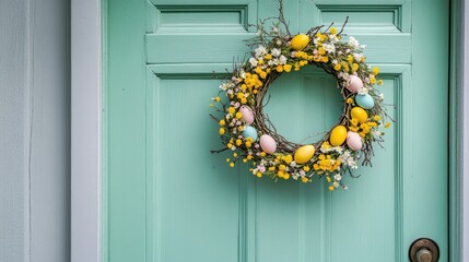 Poster - Yellow floral Easter wreath with natural twigs and pastel eggs on a mint-green door of a cozy suburban home.