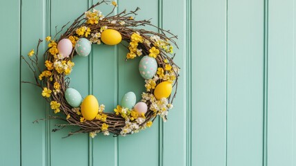 Poster - Yellow floral Easter wreath with natural twigs and pastel eggs on a mint-green door of a cozy suburban home.