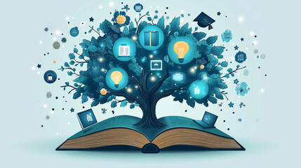 Poster - tree of knowledge on the book around different icons . Generative AI