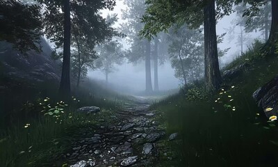 Wall Mural - Misty forest path surrounded by lush greenery and wildflowers inviting exploration into the tranquil embrace of nature's serene beauty and the soft light filtering through the trees.
