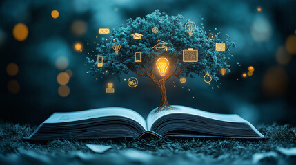 Poster - tree of knowledge on the book around different icons . Generative AI