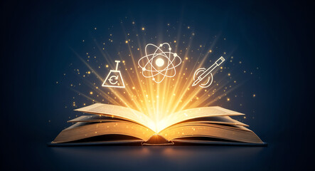 Poster - open glowing book with knowledge icons . Generative AI