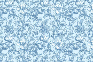 Poster - Floral Toile Tapestry Pattern. Vintage botanical wallpaper pattern. Background image. Created with Generative AI technology