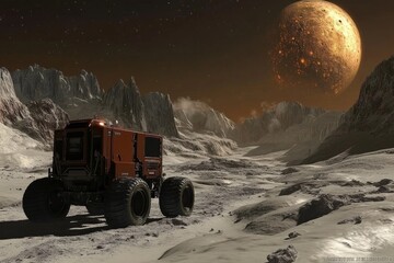 Poster - Exploration rover traverses alien landscape under the glow of a distant moon