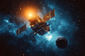 Poster - Satellite exploring asteroid in deep space with bright solar flare illuminating the cosmic background